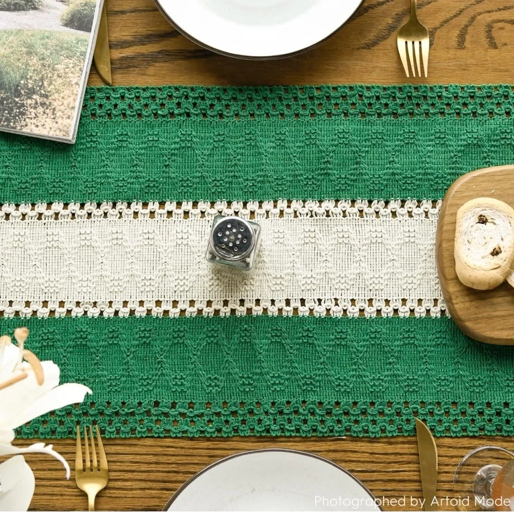 Woven Green and White Boho Table Runner 12” x 72” | Dining Decor